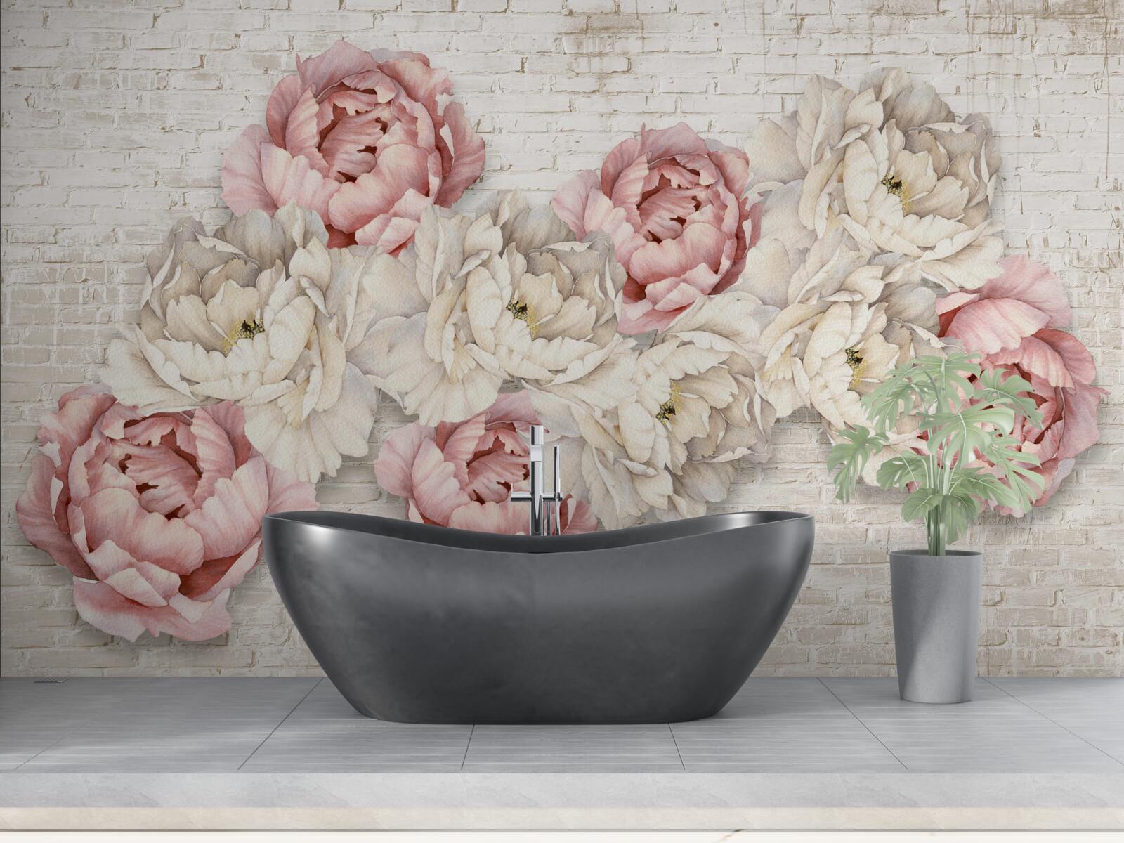 Fototapeten Der Backsteinhintergrund ist mit weißen und rosa Knospen dekoriert