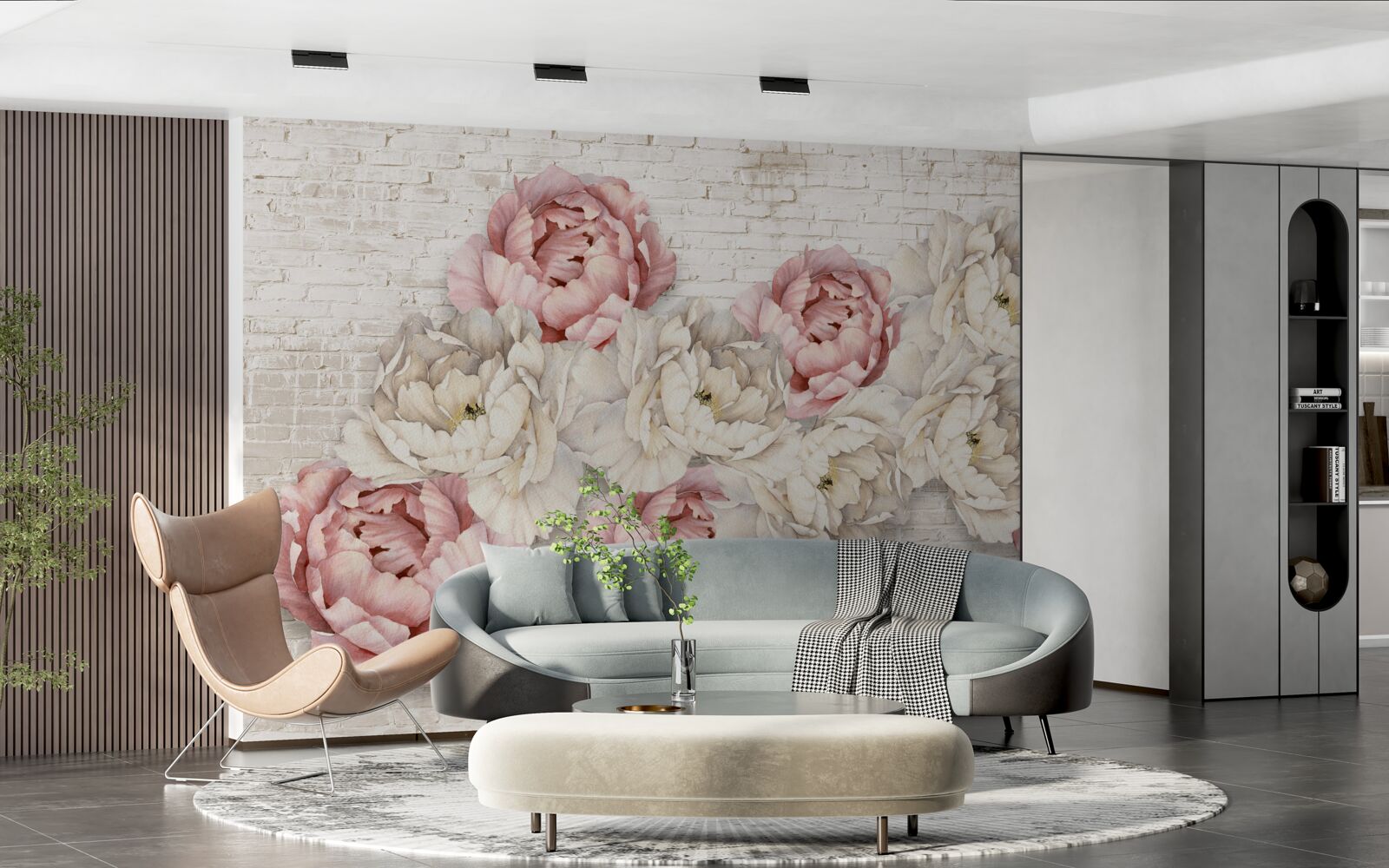 Fototapeten Der Backsteinhintergrund ist mit weißen und rosa Knospen dekoriert