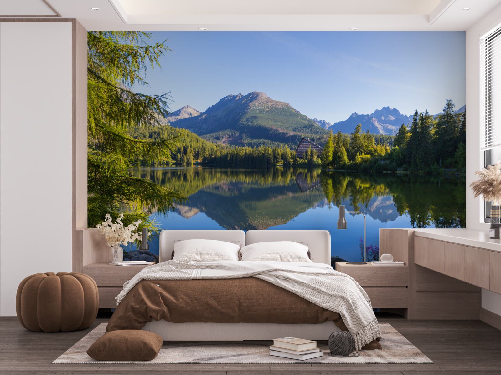 Fototapeten sonniger Tag über einem ruhigen Bergfluss
