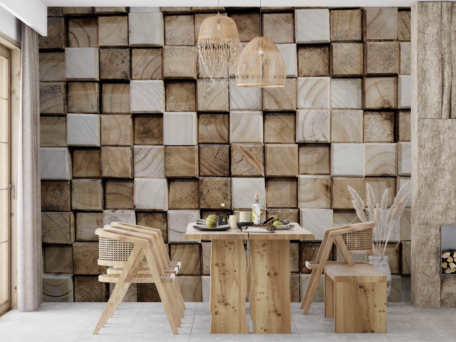 Fototapeten volumetrische quadratische Konstruktionen aus weißem Holz