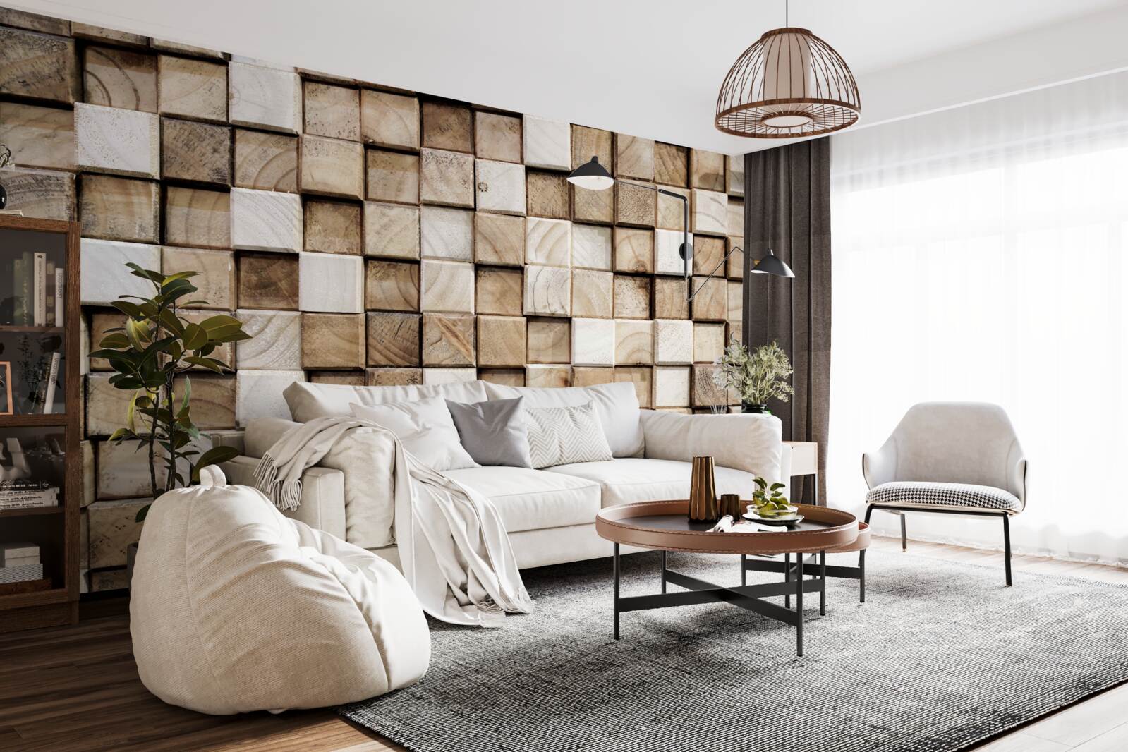 Fototapeten volumetrische quadratische Konstruktionen aus weißem Holz