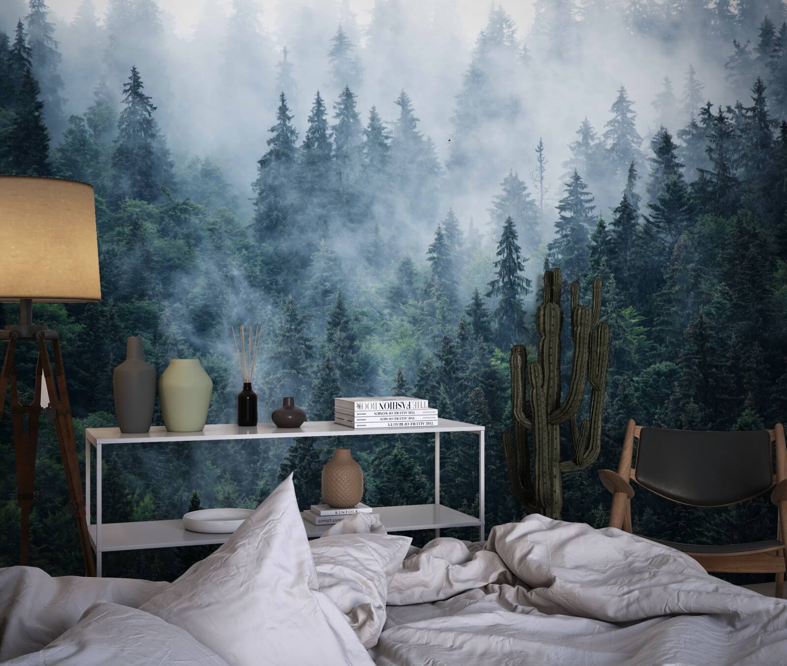 Fototapeten Nebel fällt auf einen Fichtenhain