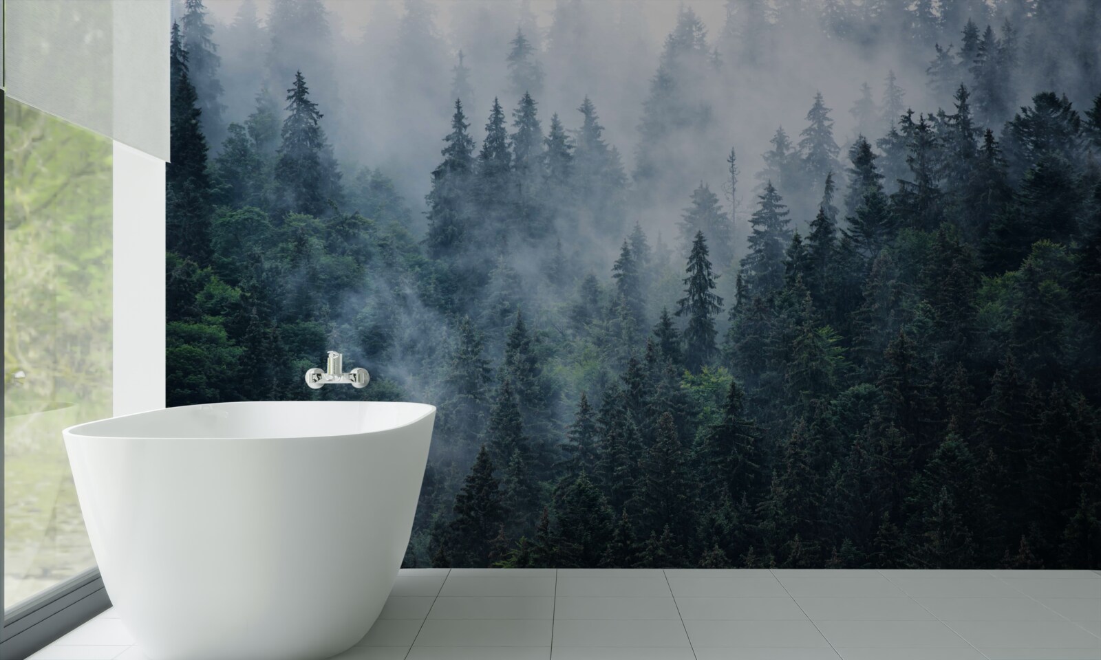 Fototapeten Nebel fällt auf einen Fichtenhain