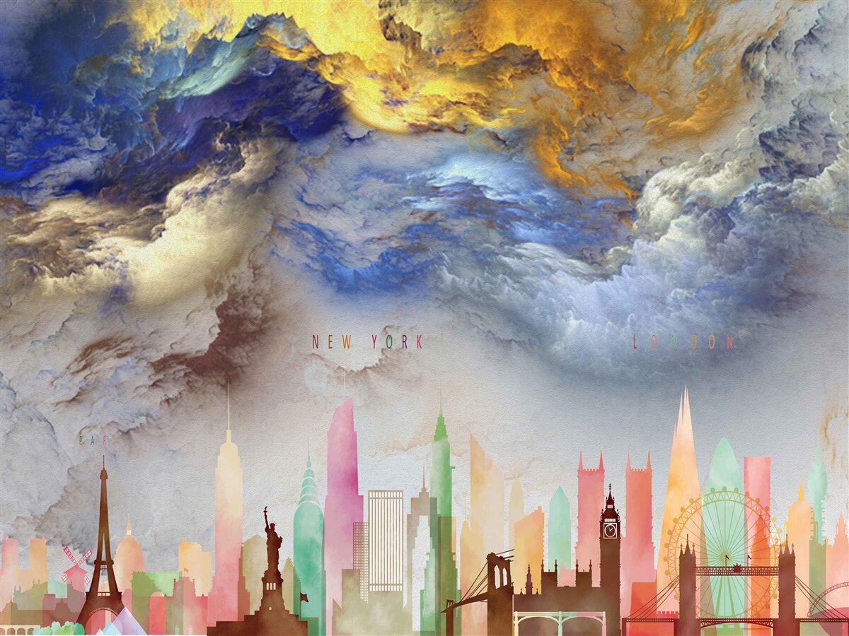 Fototapeten Unklare Wolken über den Gebäuden der Stadt