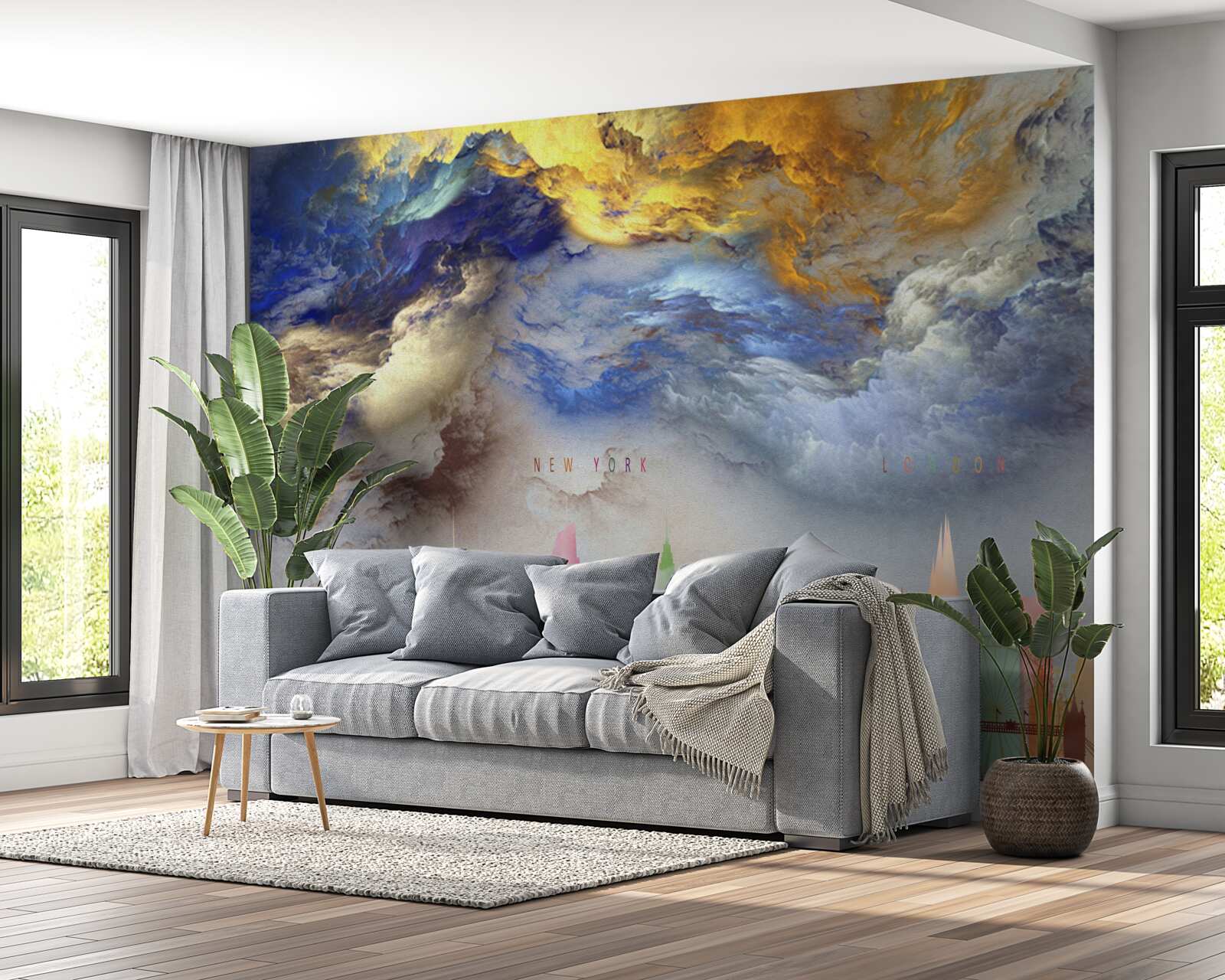 Fototapeten Unklare Wolken über den Gebäuden der Stadt
