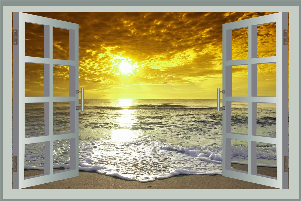 Fototapeten Ein großer Blick auf den Sonnenuntergang am Meer direkt vom Fenster aus