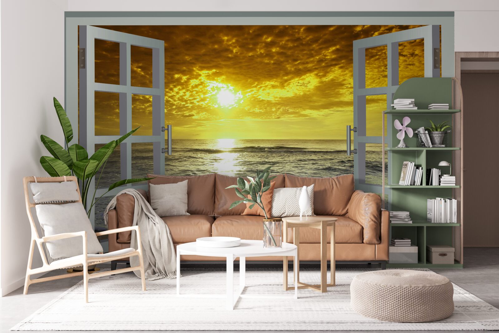 Fototapeten Ein großer Blick auf den Sonnenuntergang am Meer direkt vom Fenster aus