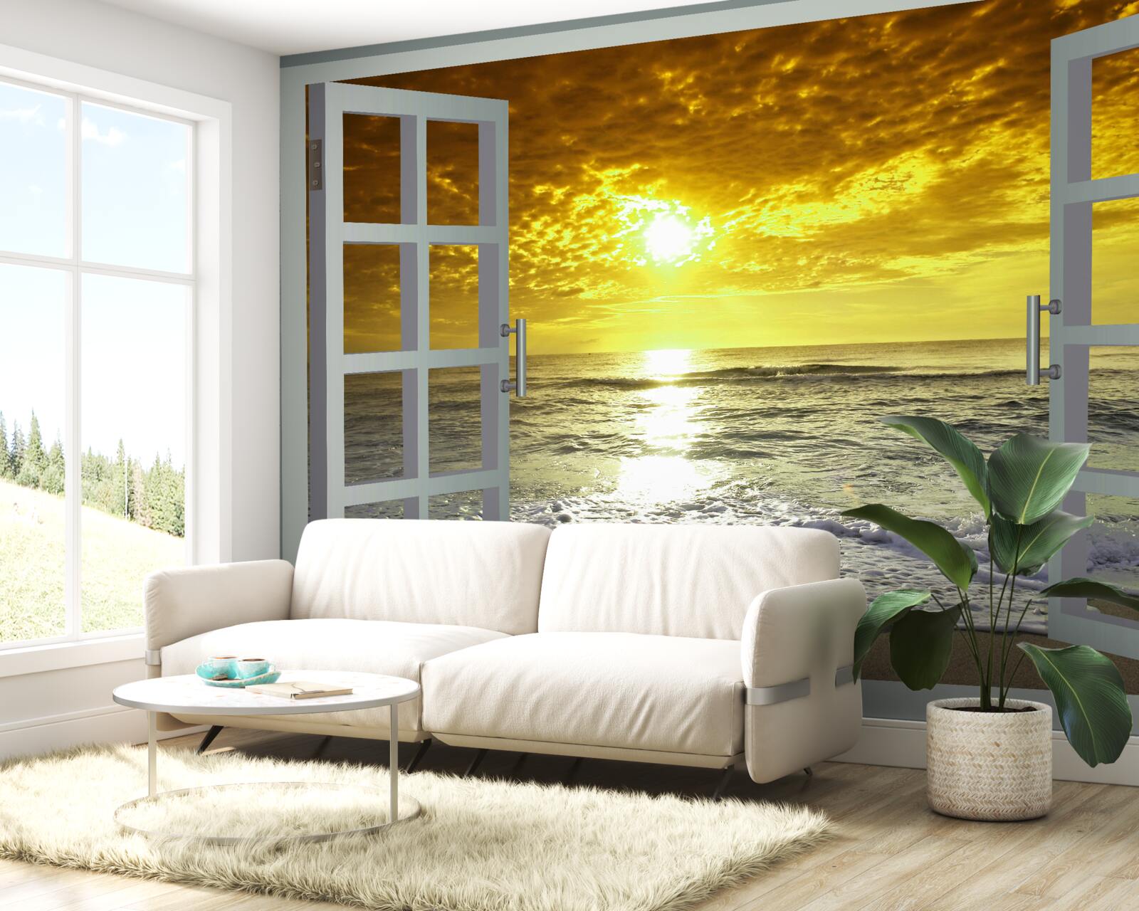 Fototapeten Ein großer Blick auf den Sonnenuntergang am Meer direkt vom Fenster aus