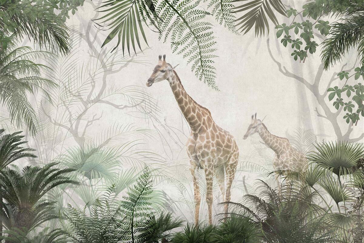 Fototapeten Die Familie Giraffe geht den Waldweg entlang