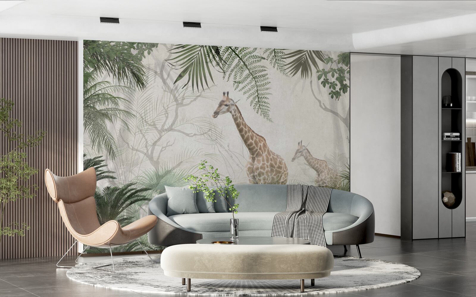 Fototapeten Die Familie Giraffe geht den Waldweg entlang