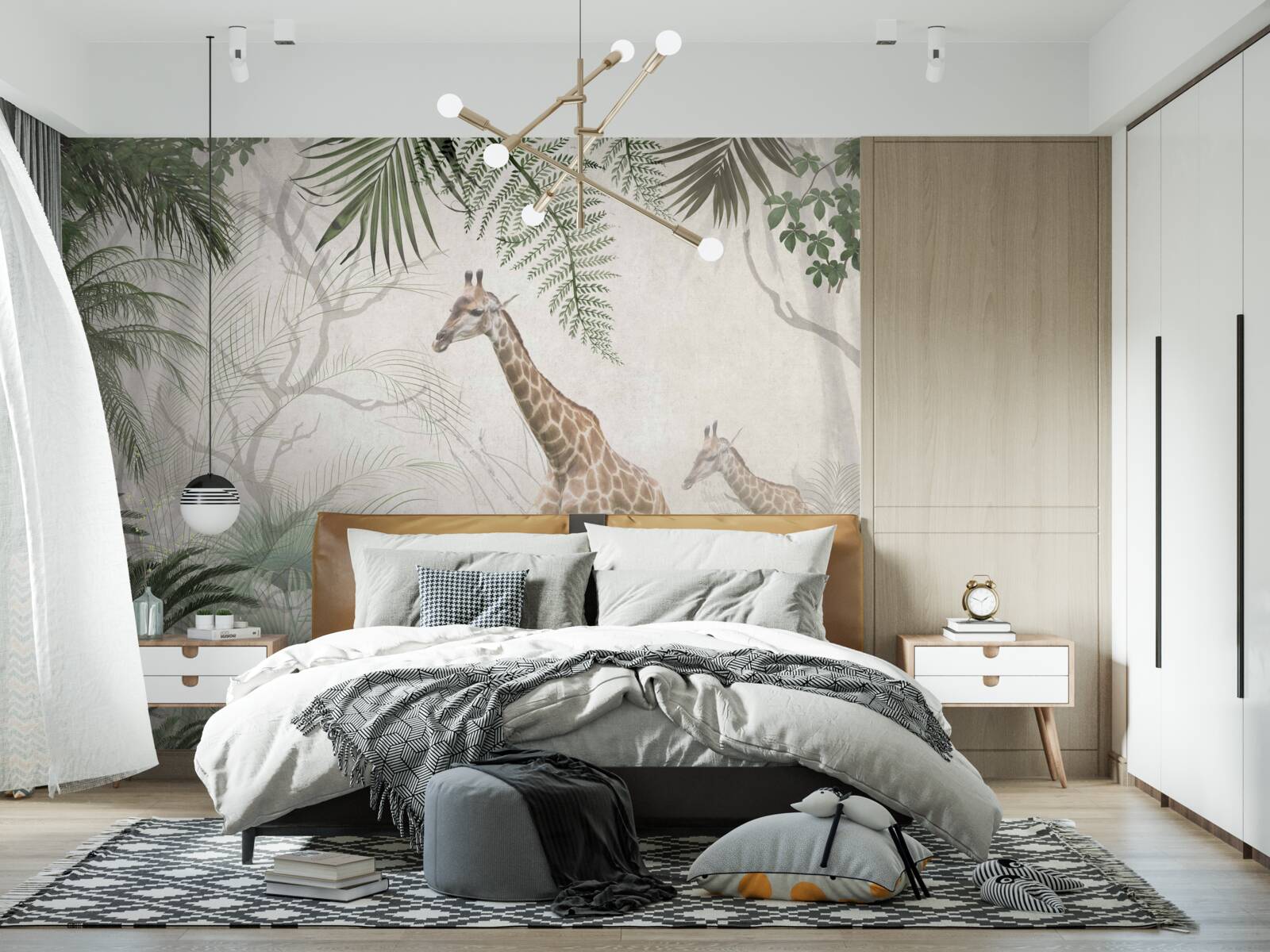 Fototapeten Die Familie Giraffe geht den Waldweg entlang