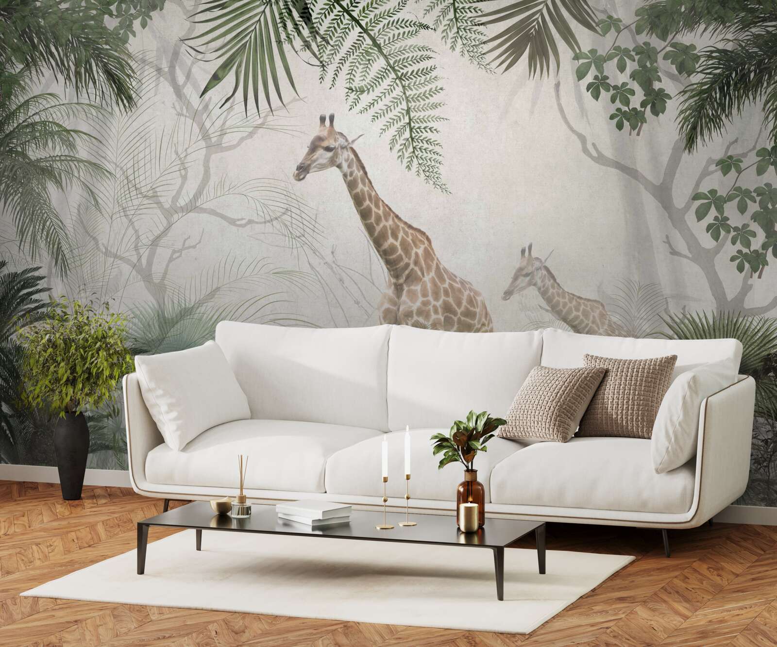 Fototapeten Die Familie Giraffe geht den Waldweg entlang