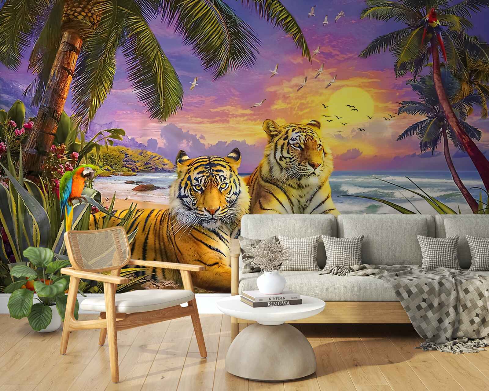 Fototapeten Zwei Tiger vor dem Hintergrund des tropischen Himmels in der Abenddämmerung