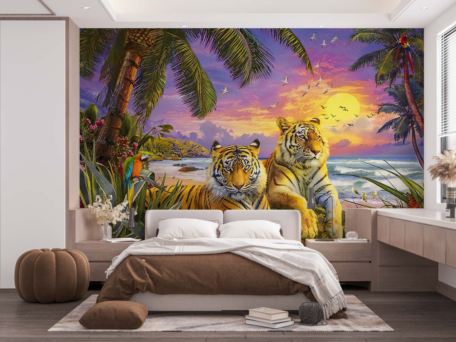 Fototapeten Zwei Tiger vor dem Hintergrund des tropischen Himmels in der Abenddämmerung