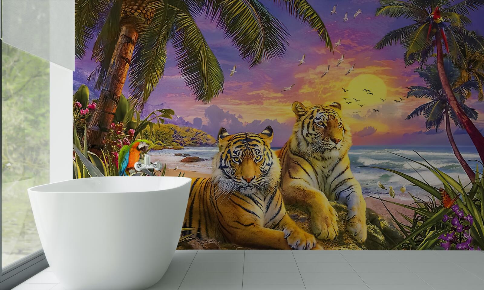 Fototapeten Zwei Tiger vor dem Hintergrund des tropischen Himmels in der Abenddämmerung