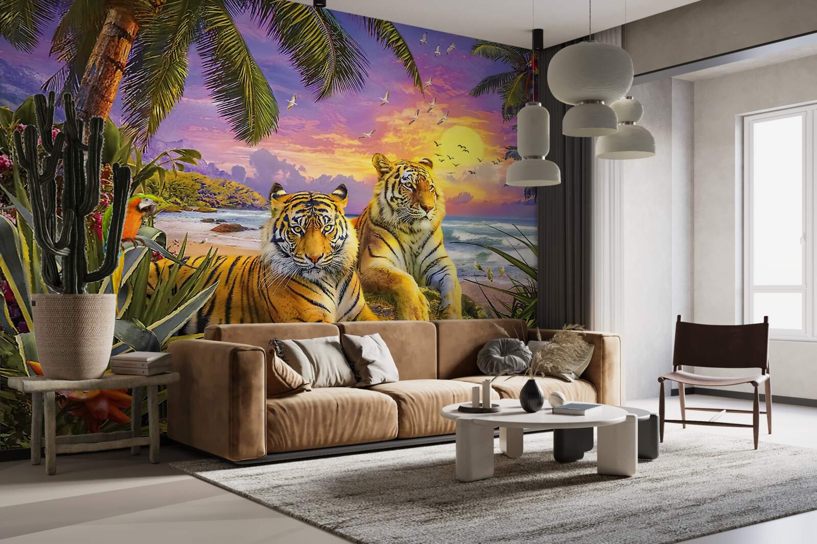 Fototapeten Zwei Tiger vor dem Hintergrund des tropischen Himmels in der Abenddämmerung
