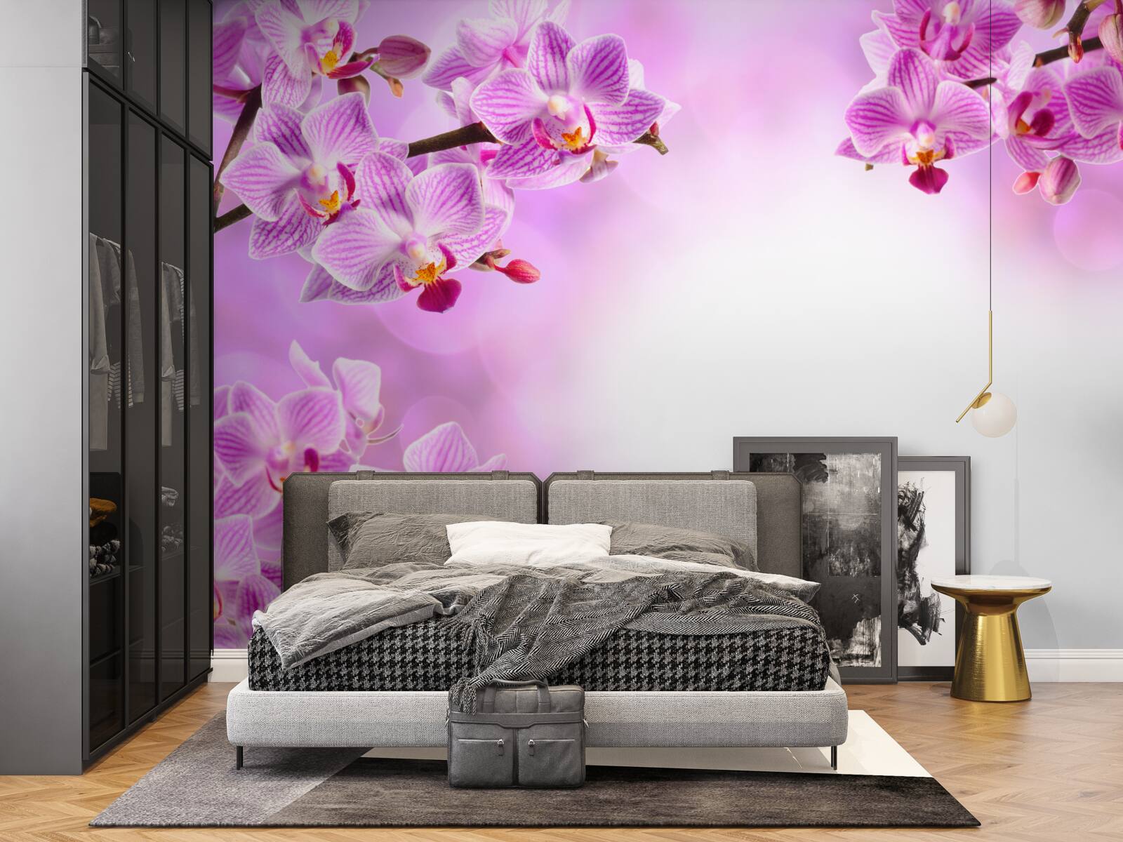 Fototapeten Lila Orchideenzweige mit Blumen bedeckt