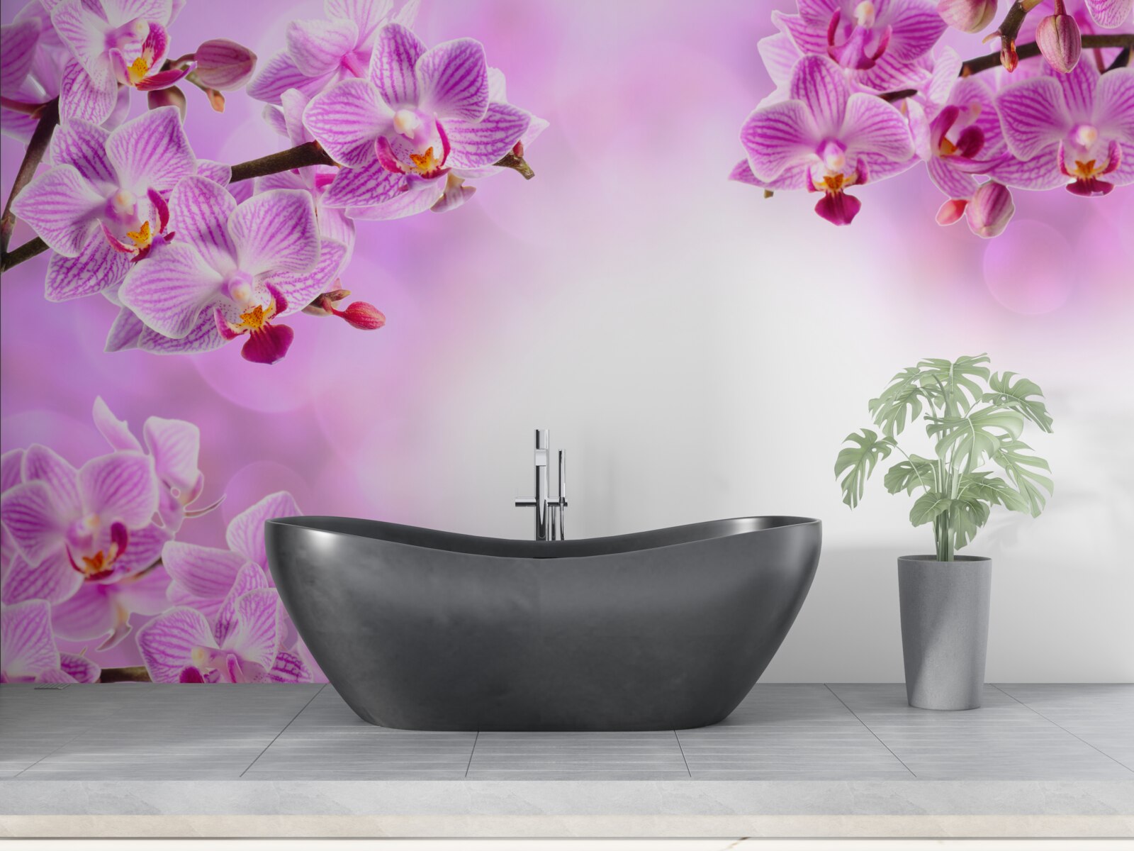 Fototapeten Lila Orchideenzweige mit Blumen bedeckt