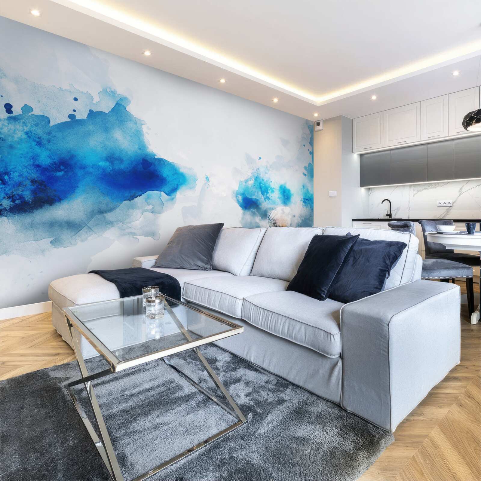 Fototapeten Hellblauer Fleck auf leichter Leinwand