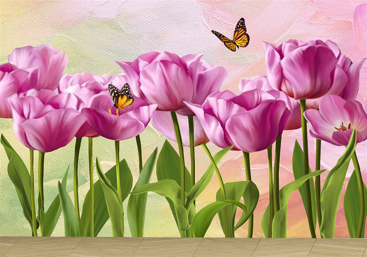 Fototapeten Schmetterlinge und lila Tulpen im Feld