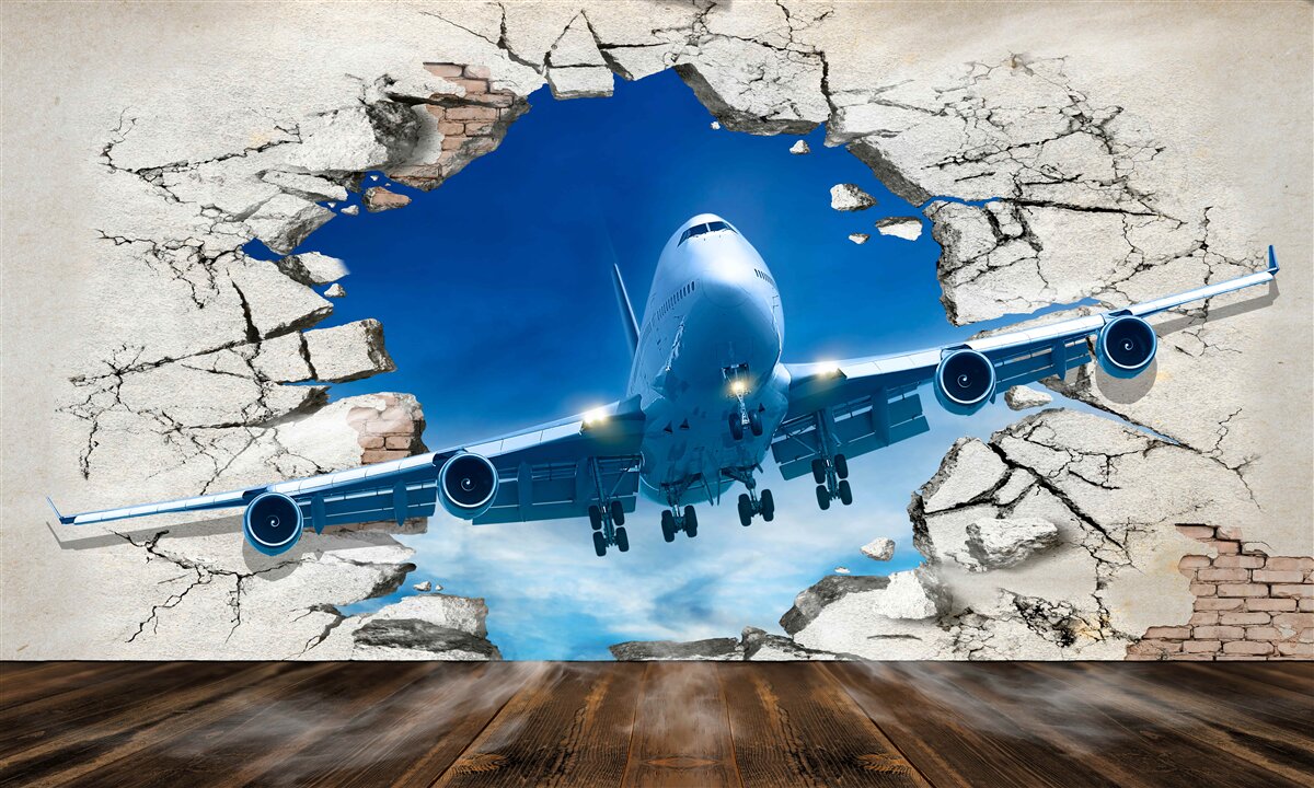 Fototapeten ein Flugzeug, das die Wand durchbohrt