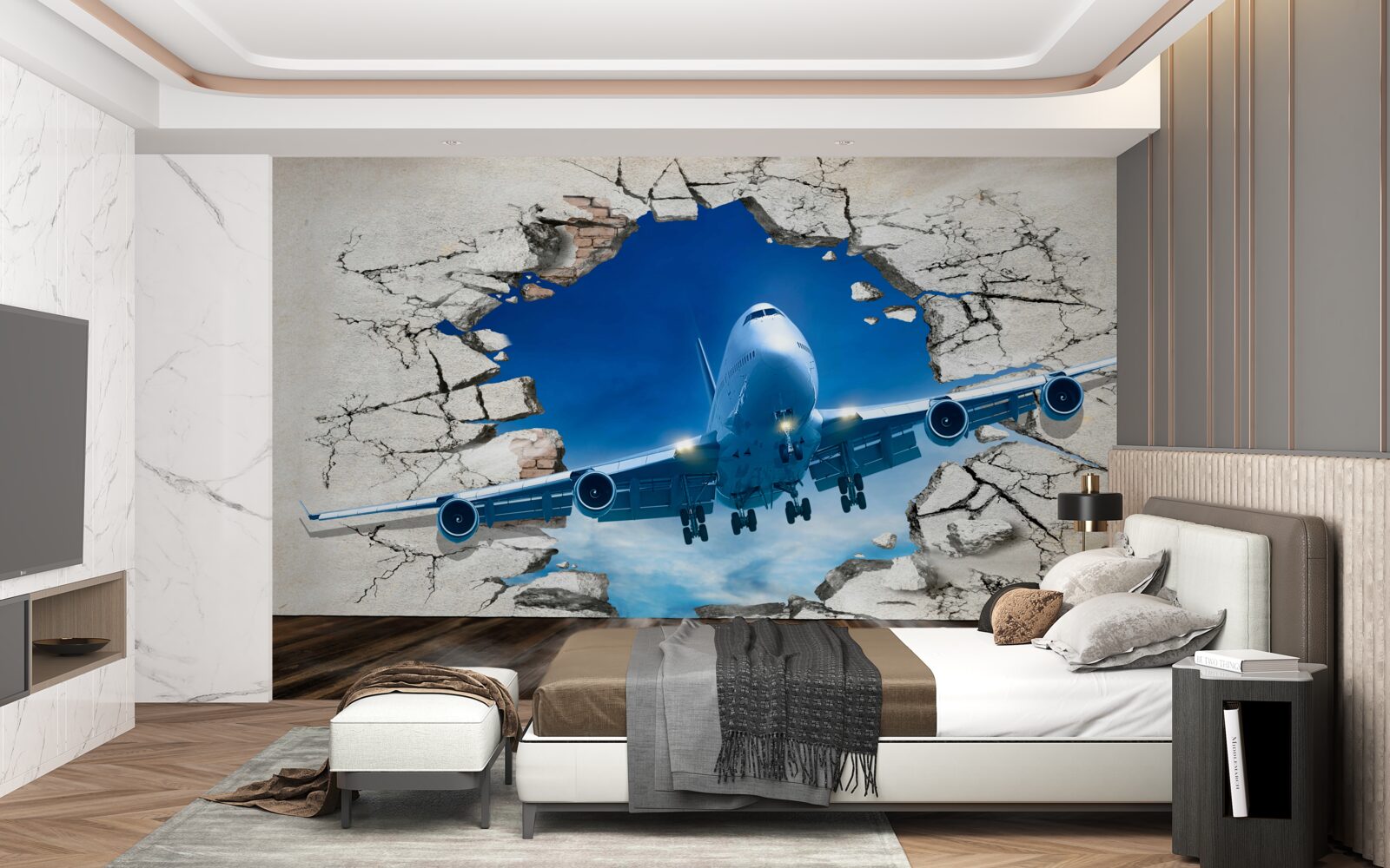 Fototapeten ein Flugzeug, das die Wand durchbohrt