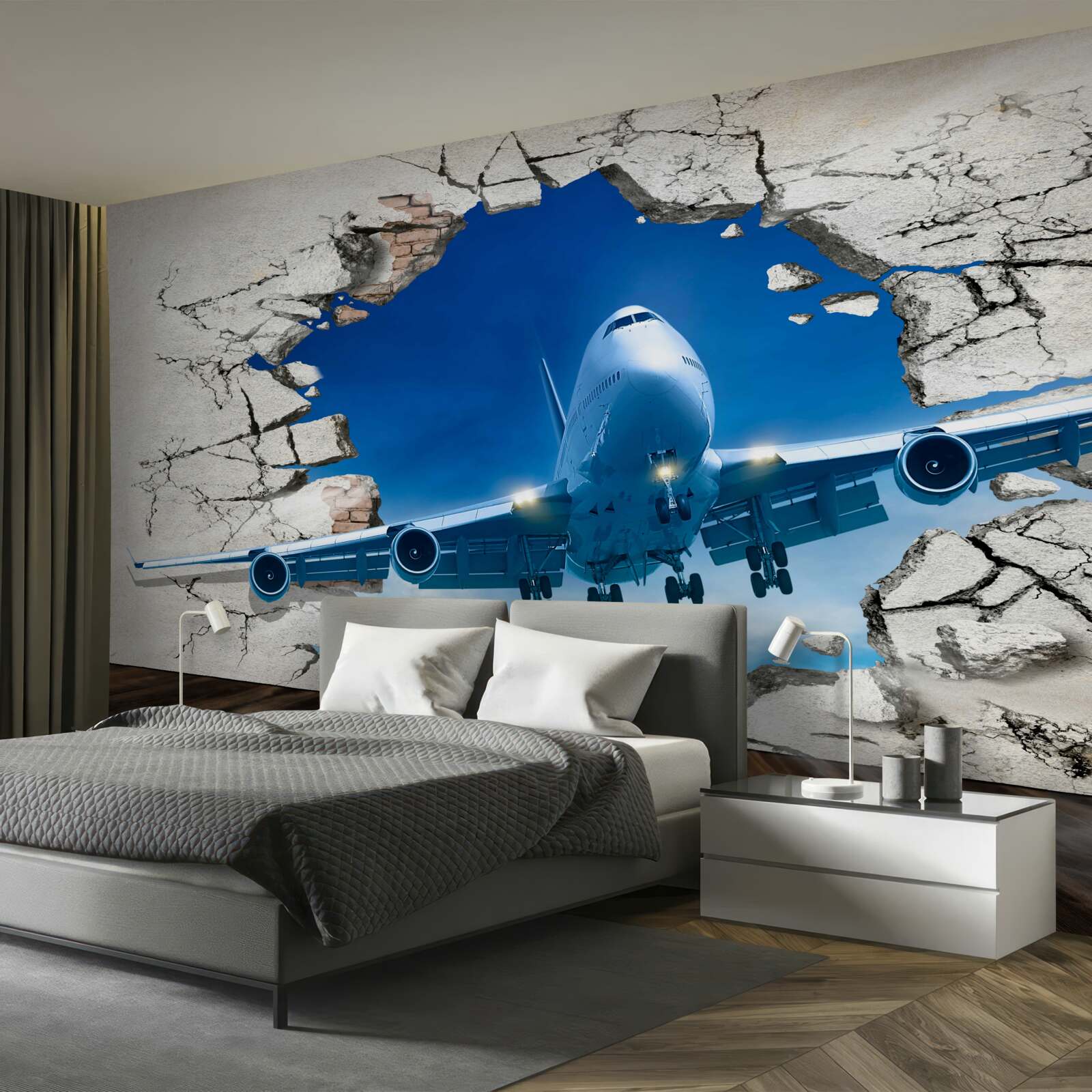 Fototapeten ein Flugzeug, das die Wand durchbohrt