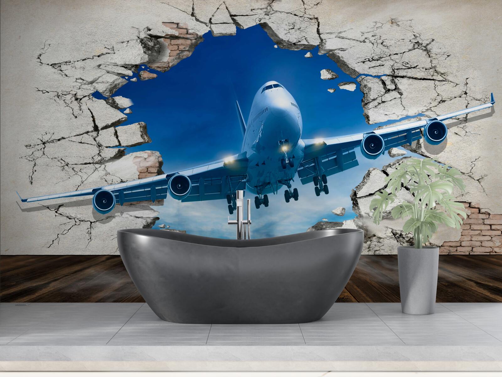 Fototapeten ein Flugzeug, das die Wand durchbohrt