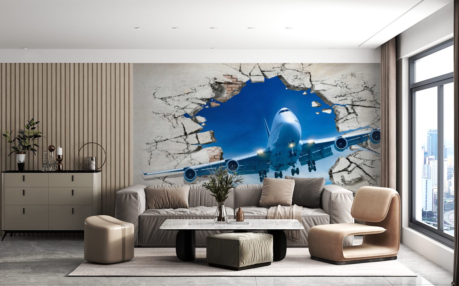 Fototapeten ein Flugzeug, das die Wand durchbohrt