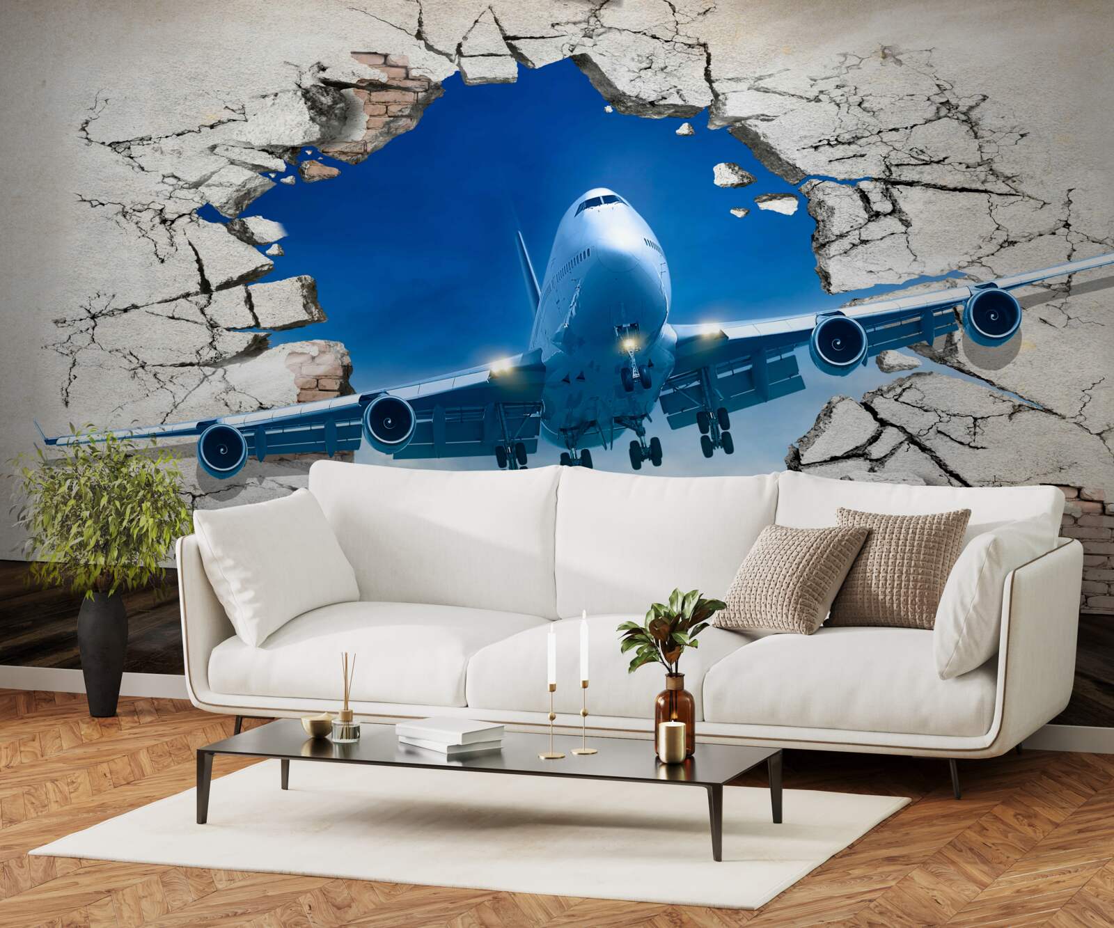 Fototapeten ein Flugzeug, das die Wand durchbohrt