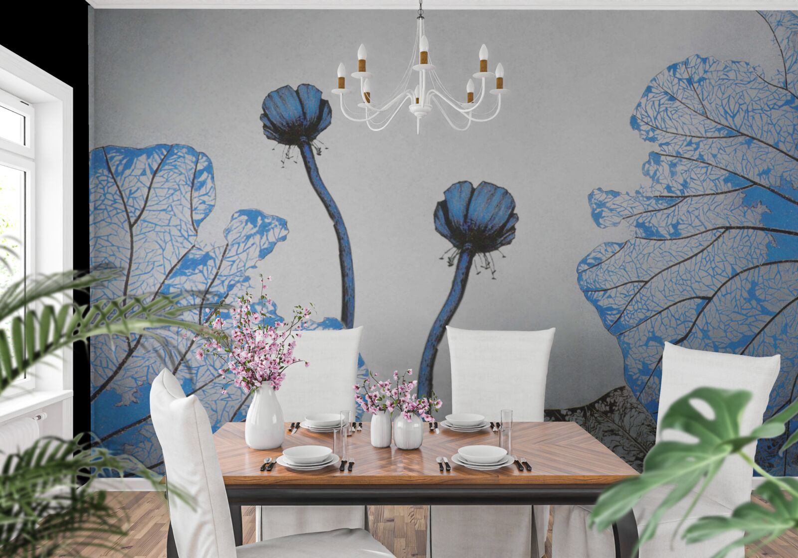 Fototapeten neblige Mohnblumen mit blauen Knospen