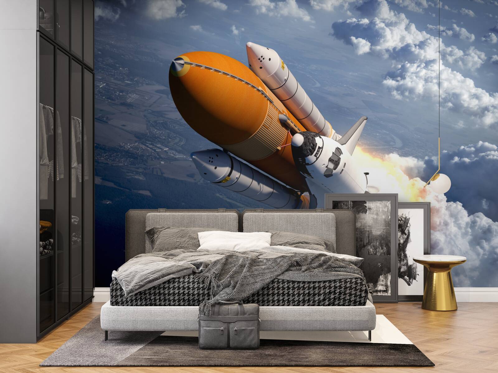 Fototapeten Die Rakete fliegt zwischen den Wolken