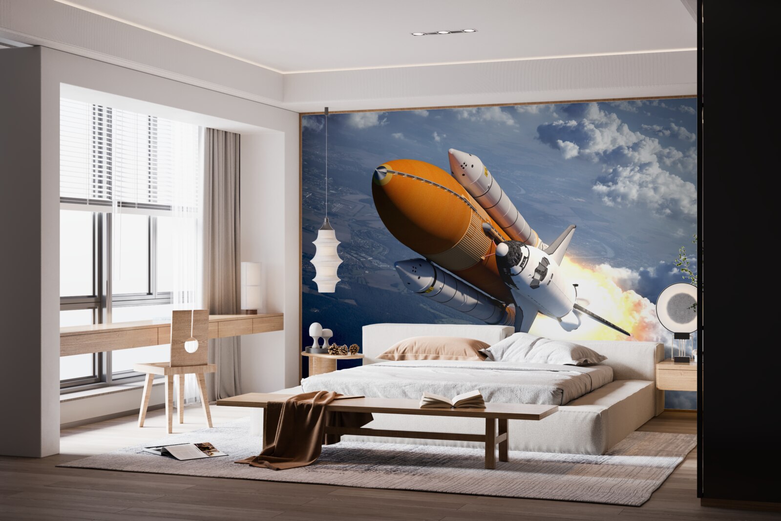 Fototapeten Die Rakete fliegt zwischen den Wolken