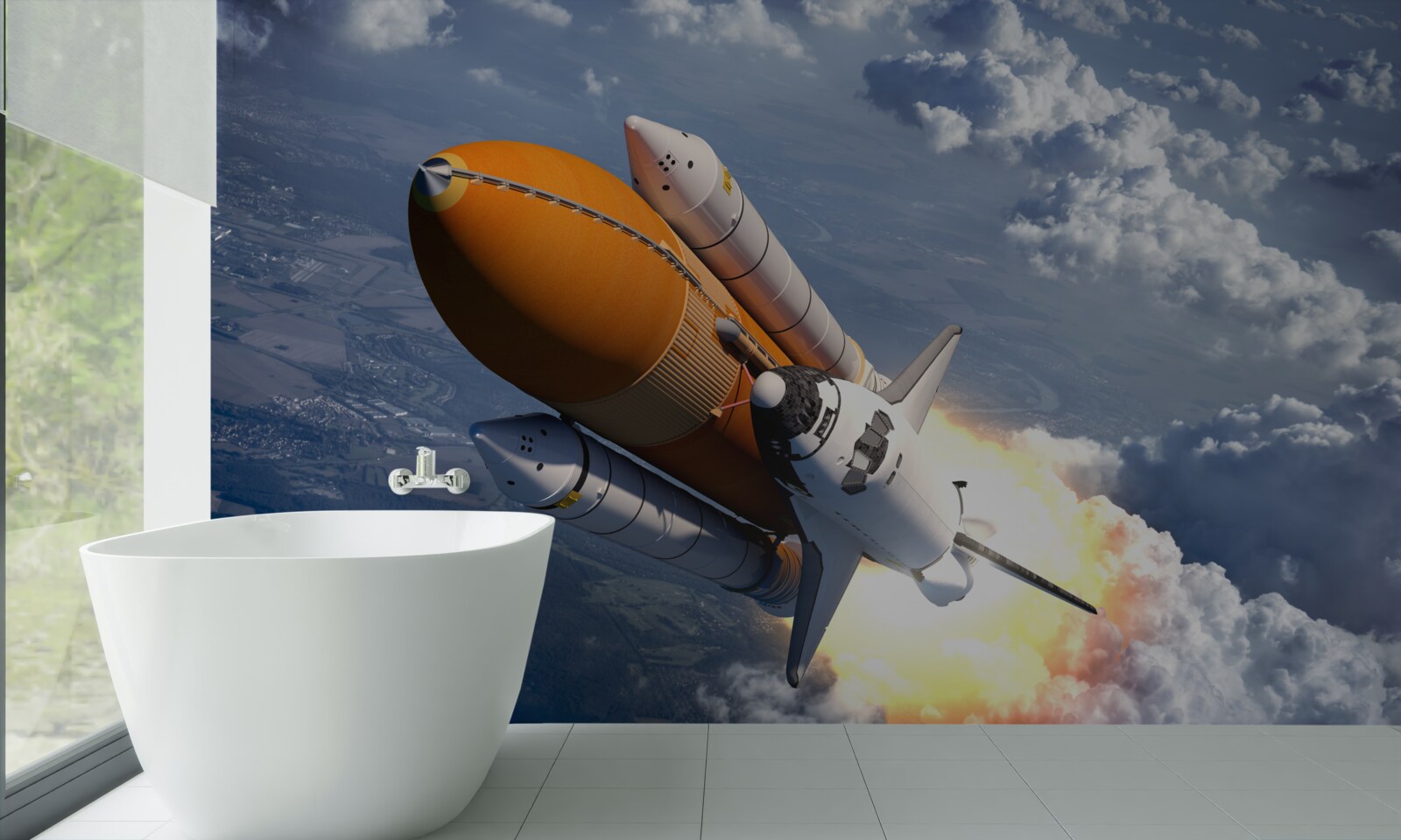 Fototapeten Die Rakete fliegt zwischen den Wolken