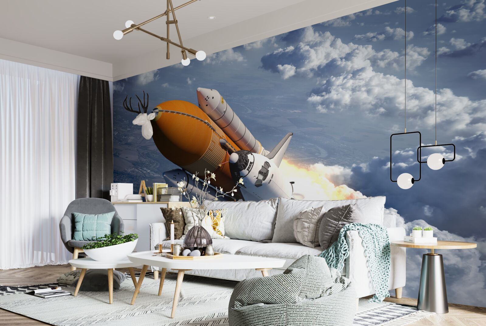 Fototapeten Die Rakete fliegt zwischen den Wolken