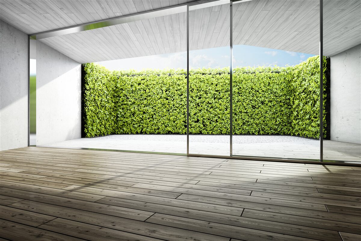 Fototapeten Balkon mit transparenten Wänden mit Blick auf den Garten