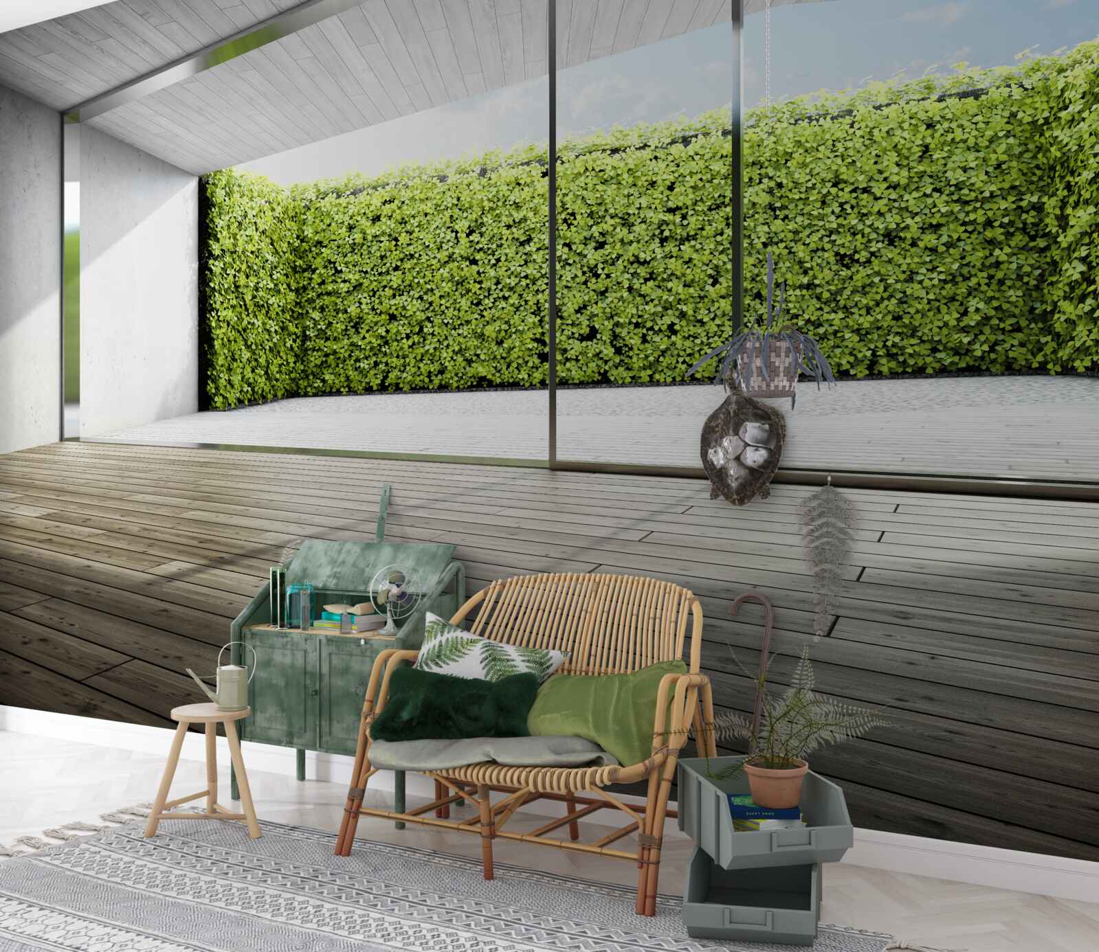 Fototapeten Balkon mit transparenten Wänden mit Blick auf den Garten
