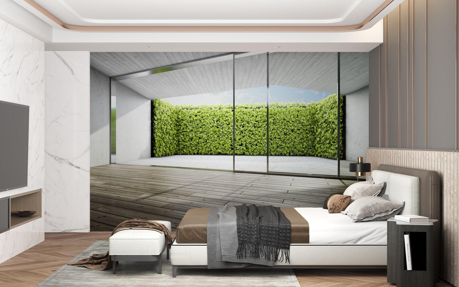 Fototapeten Balkon mit transparenten Wänden mit Blick auf den Garten