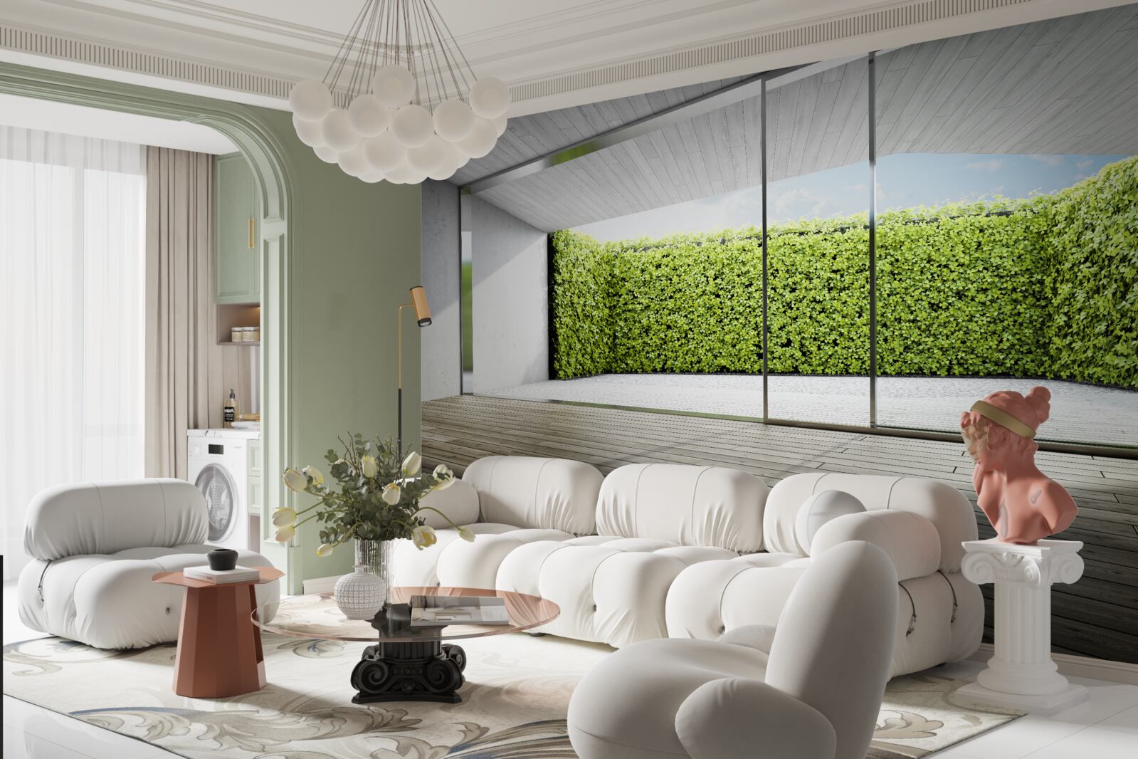Fototapeten Balkon mit transparenten Wänden mit Blick auf den Garten