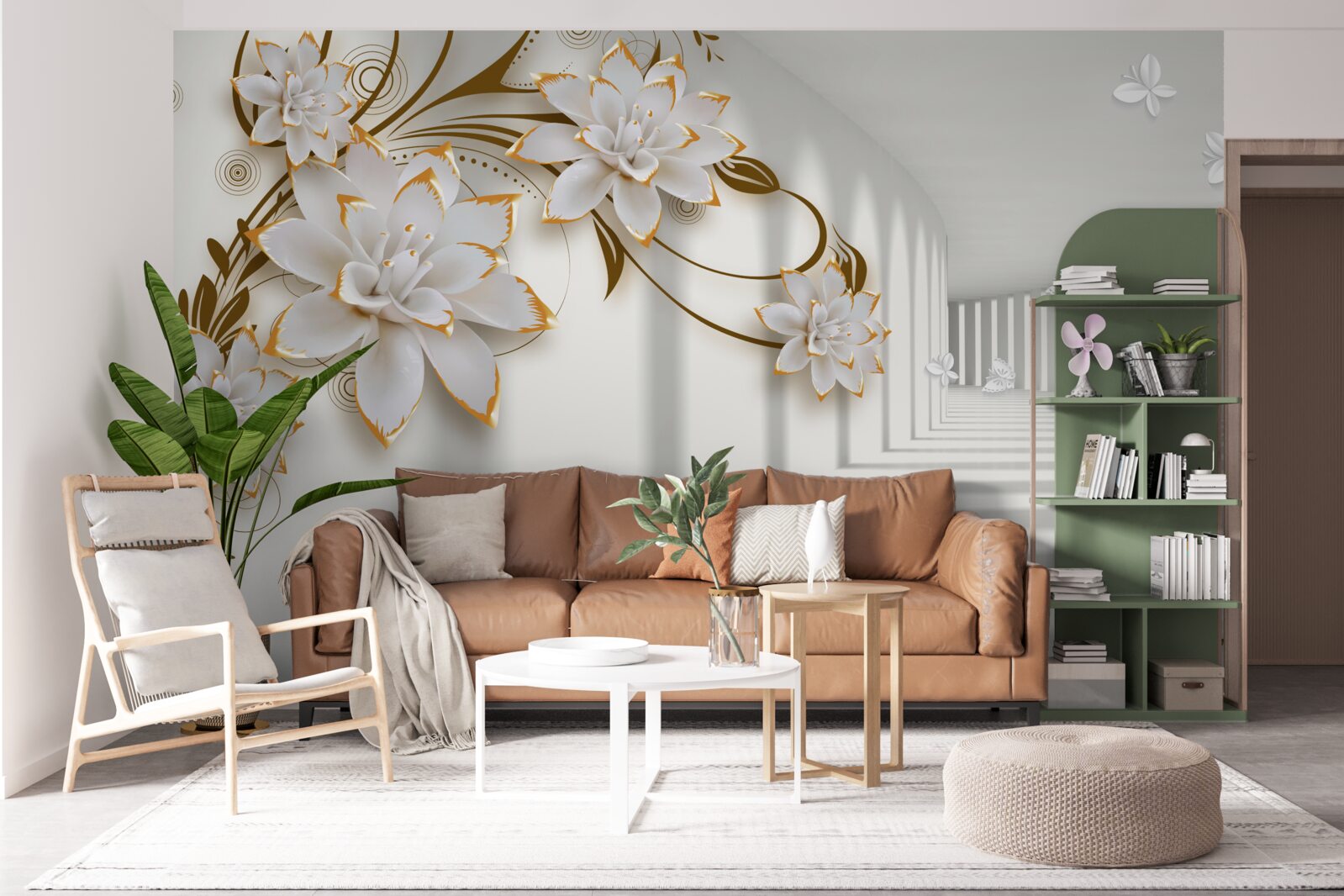 Fototapeten Weißer Lotus auf einem abstrakten Hintergrund, mit Gold dekoriert