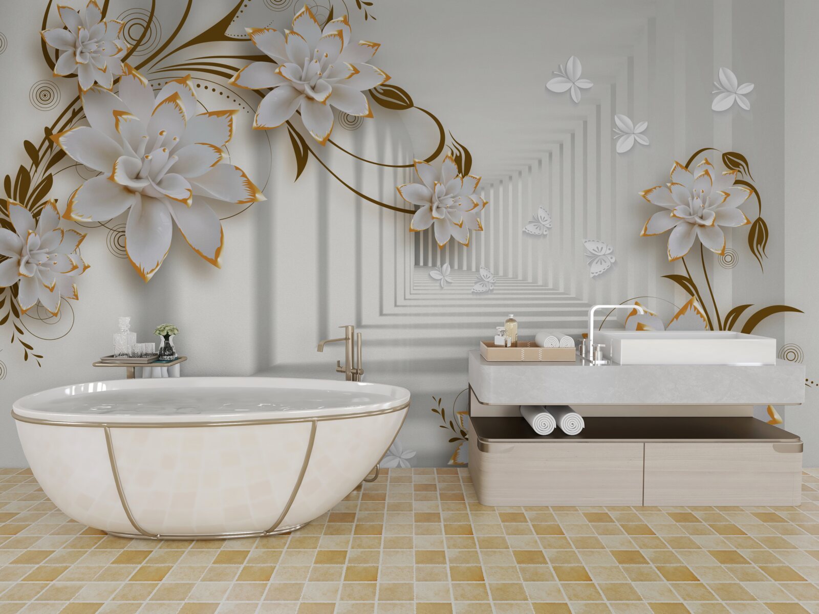 Fototapeten Abstraktionskorridor und Golden Lotus