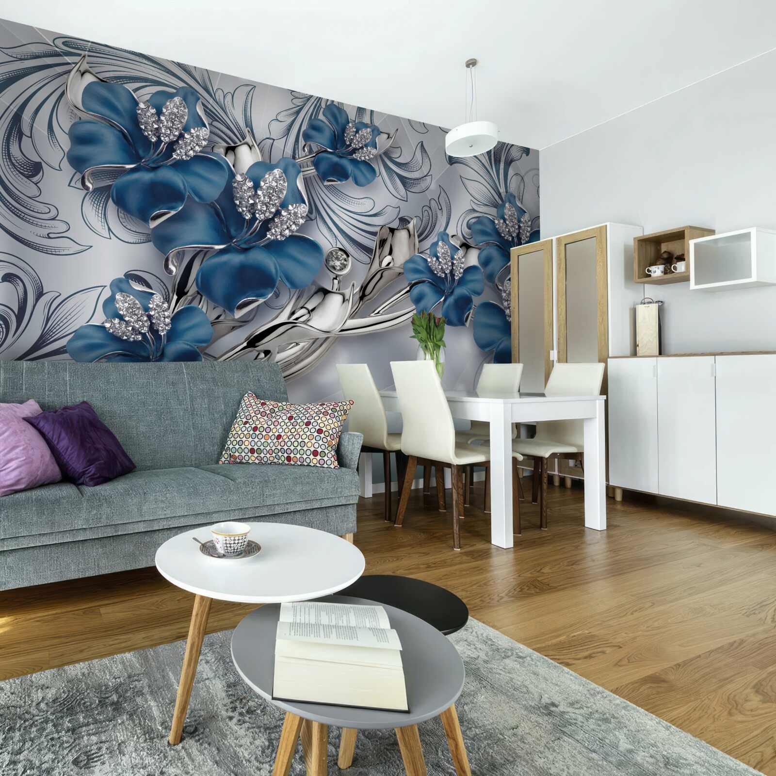Fototapeten Luxus blaue Metallblumen mit Edelsteinen dekoriert