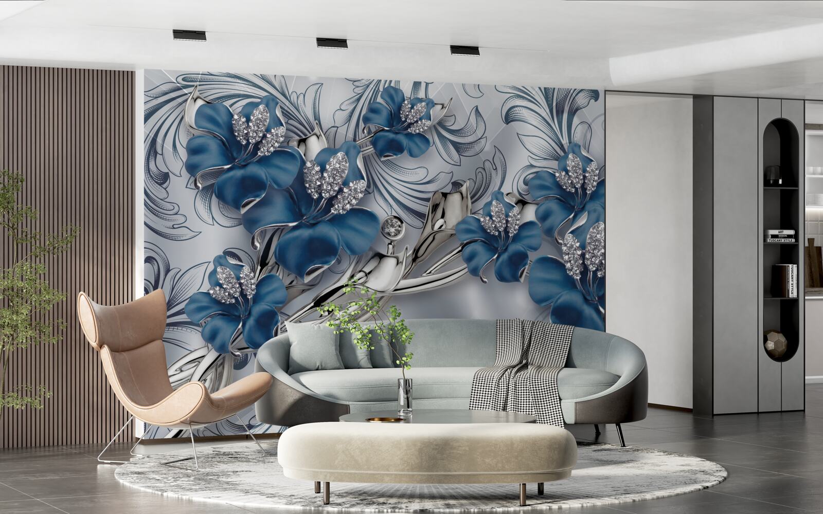 Fototapeten Luxus blaue Metallblumen mit Edelsteinen dekoriert