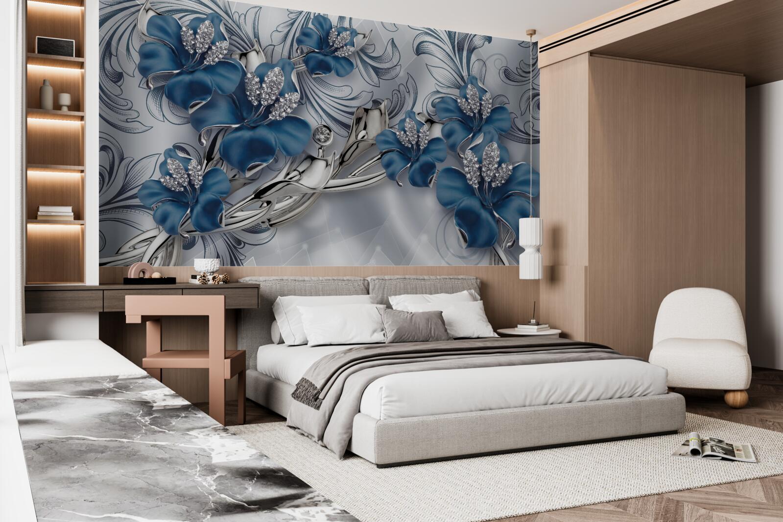 Fototapeten Luxus blaue Metallblumen mit Edelsteinen dekoriert
