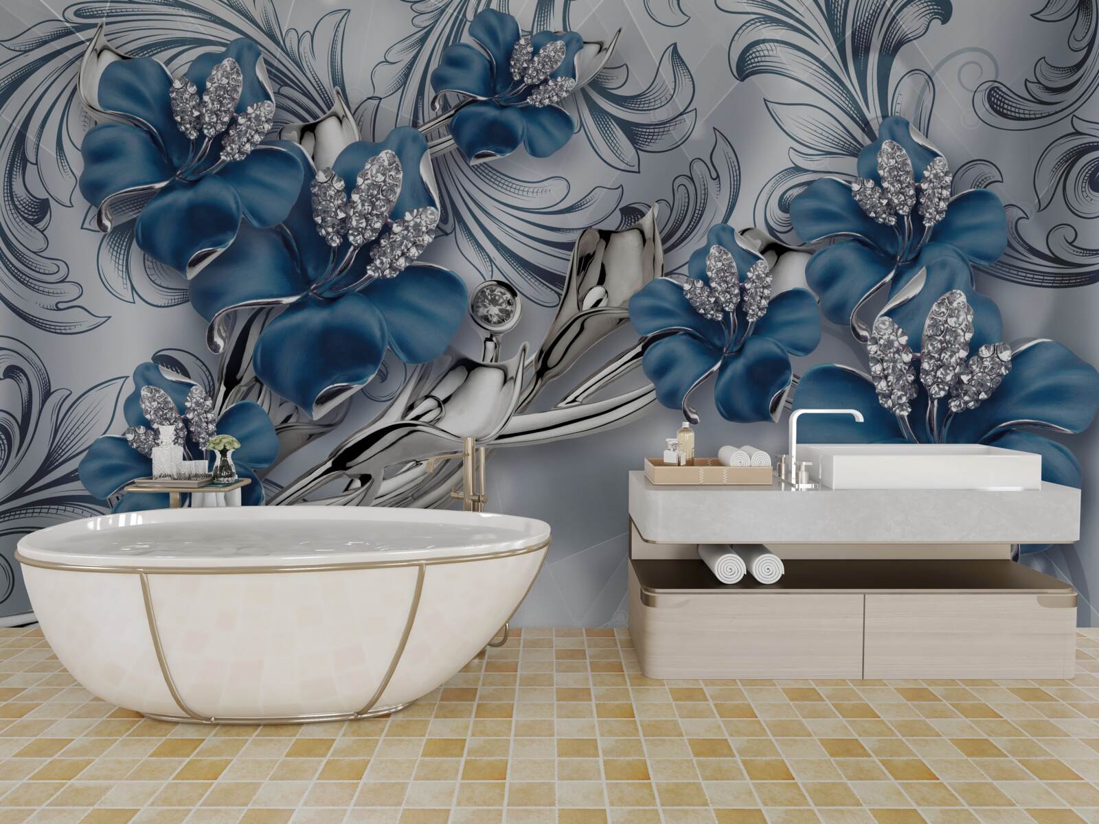 Fototapeten Luxus blaue Metallblumen mit Edelsteinen dekoriert