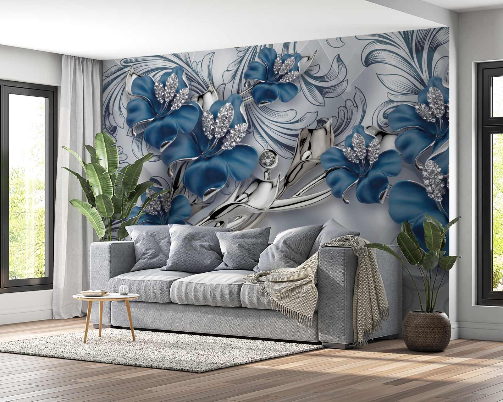 Fototapeten Luxus blaue Metallblumen mit Edelsteinen dekoriert