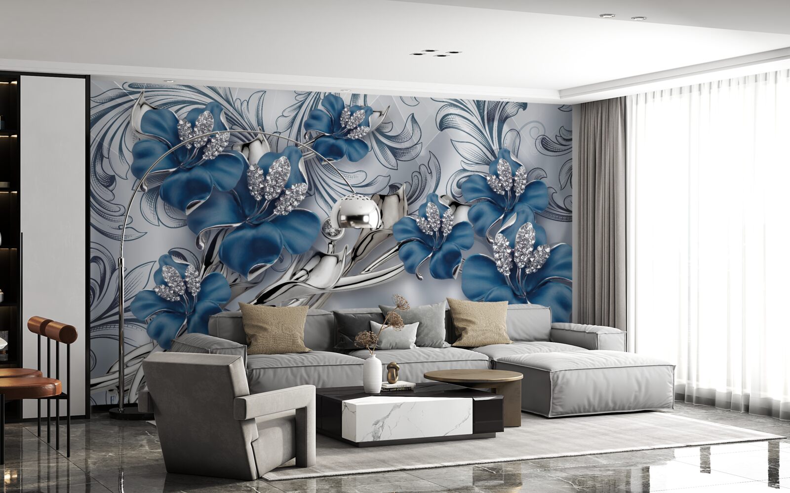 Fototapeten Luxus blaue Metallblumen mit Edelsteinen dekoriert