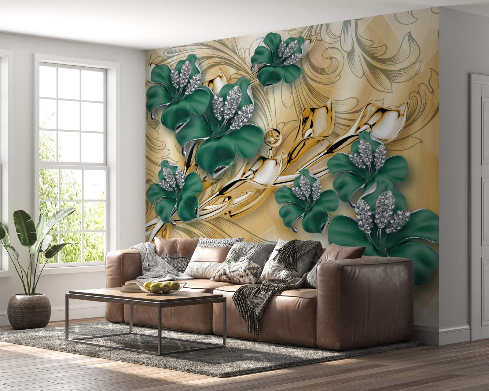 Fototapeten Smaragdblüten leuchten in einem goldenen Rahmen