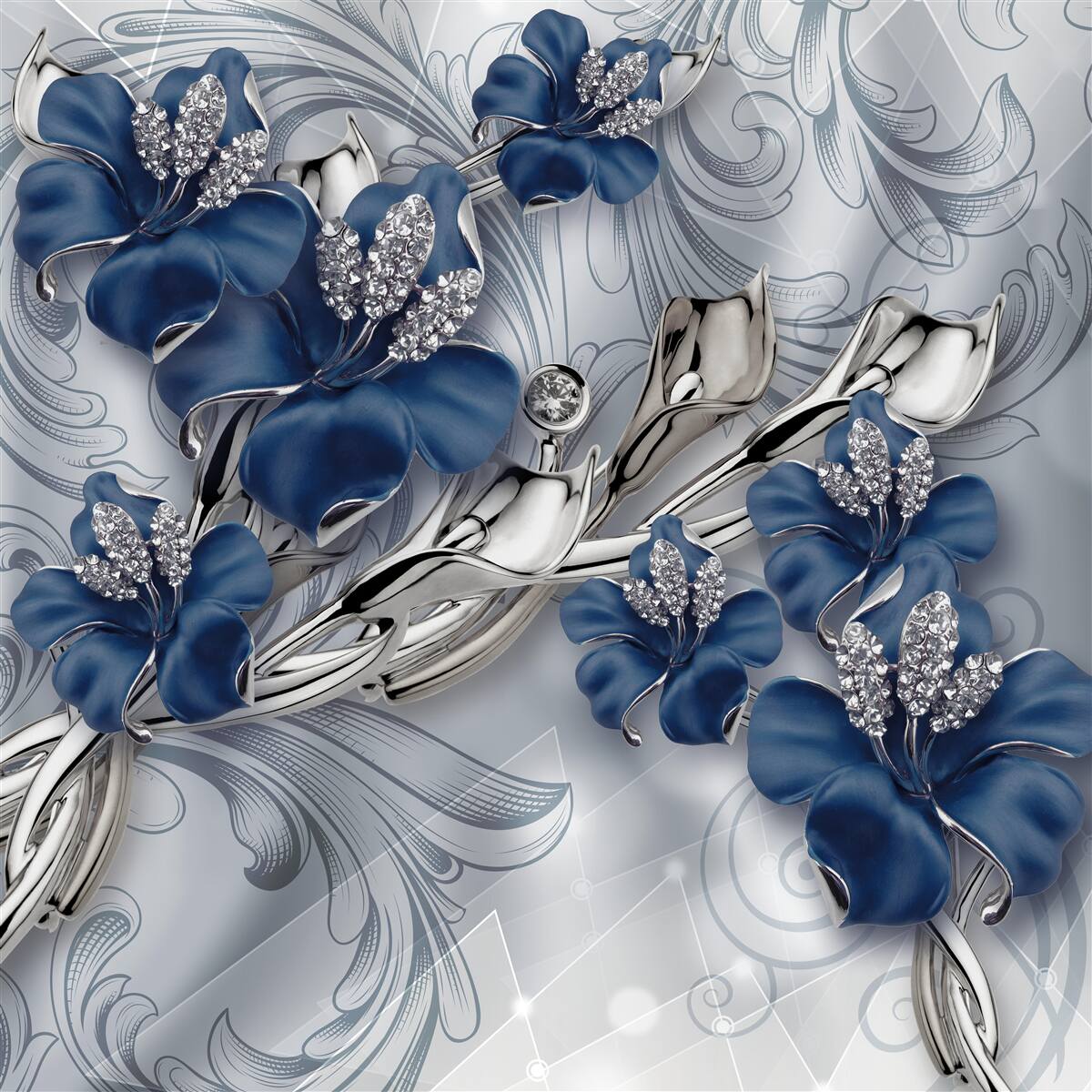 Fototapeten Blaue Blumen mit goldenen Zweigen und Steinelementen