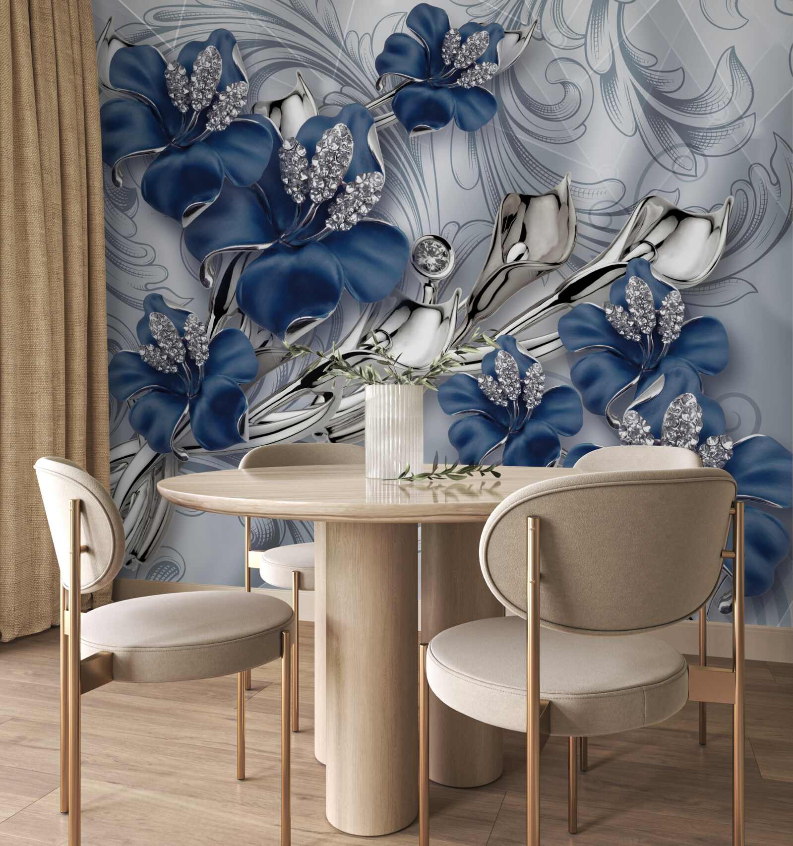 Fototapeten Blaue Blumen mit goldenen Zweigen und Steinelementen